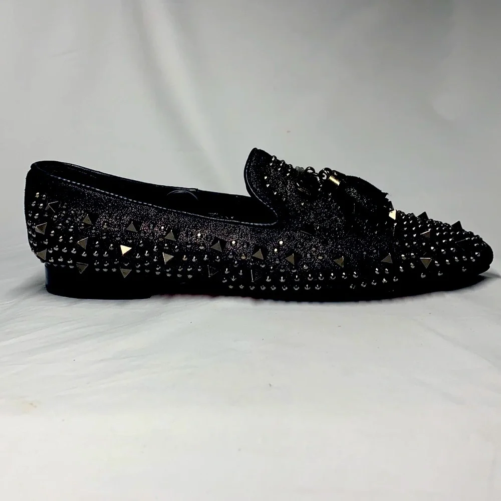 FIESSO Black Leather Loafers With Spike / Rhinestones Studs and Tassels